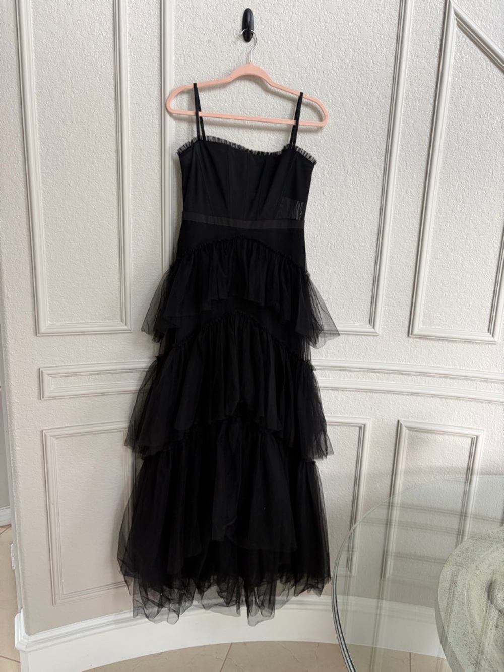 Betsy & Adam Black Tiered Tulle Maxi Dress